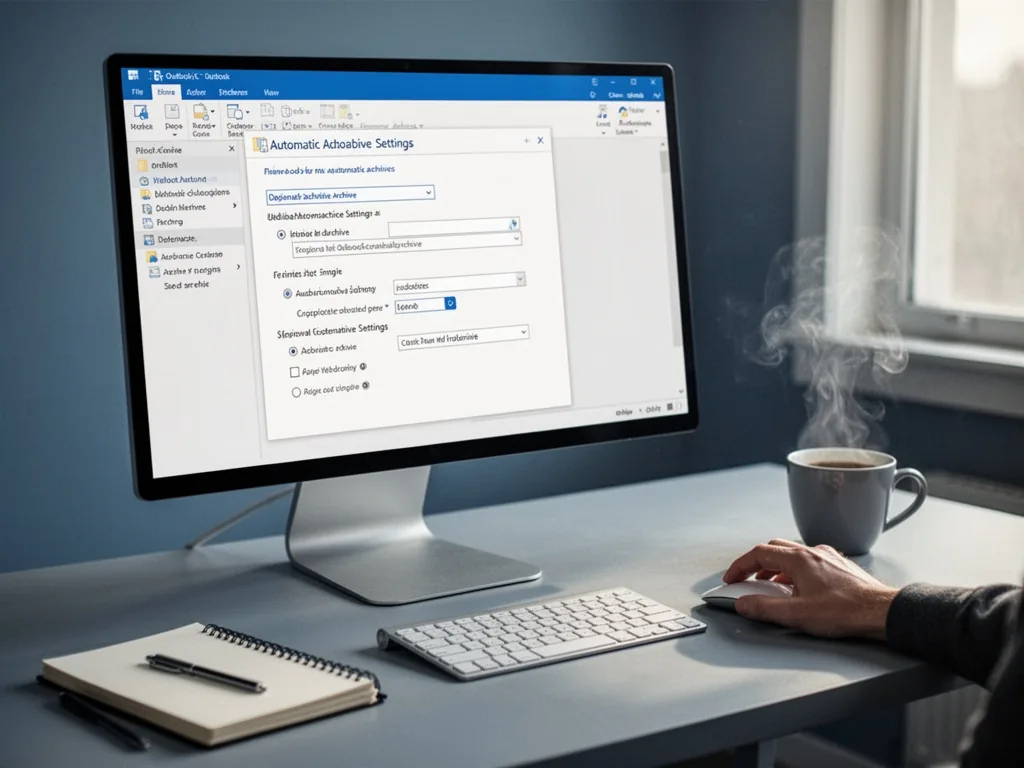 A computer monitor displaying Outlook automatic archive settings panel, a hand resting on a mouse, desk with steaming co