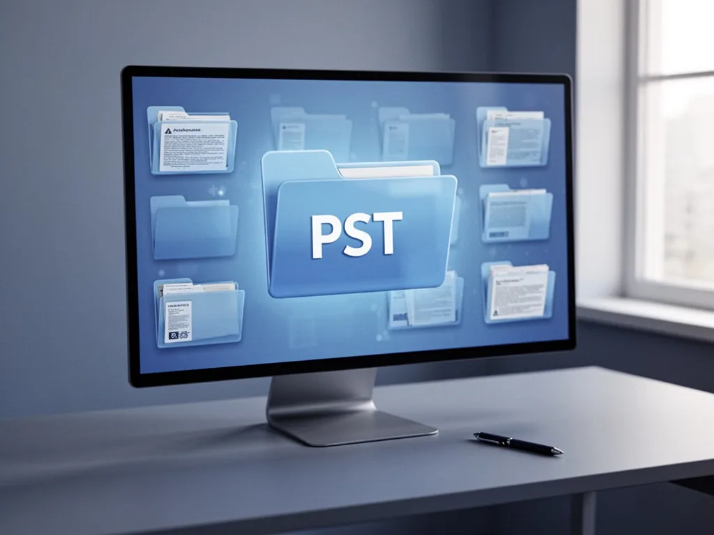 A digital folder icon labeled 'PST' on a computer screen, surrounded by organized archive folders, soft blue screen glow