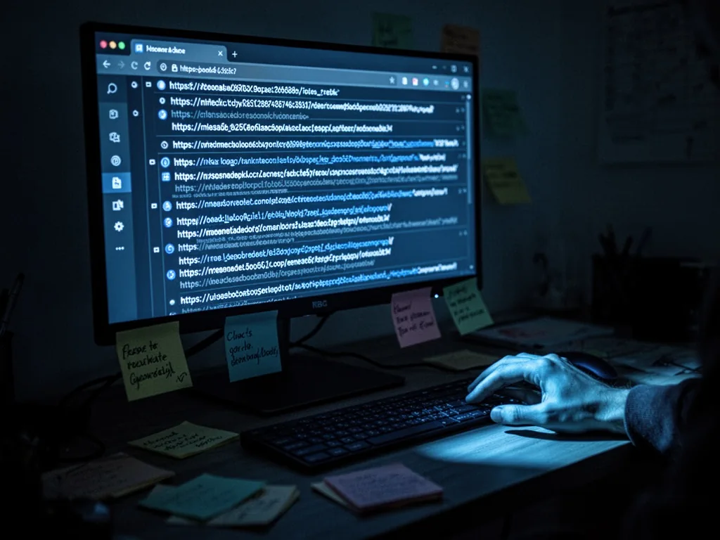 A computer monitor displaying multiple browser tabs with rapidly changing URLs, a hand reaching for the mouse, blue scre