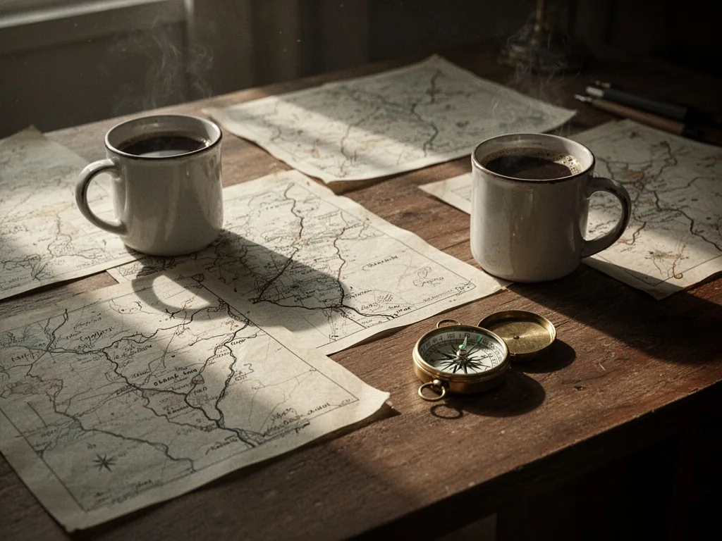 A wooden desk scattered with hand-drawn maps, a coffee mug, and a vintage compass, afternoon sunlight casting long shado