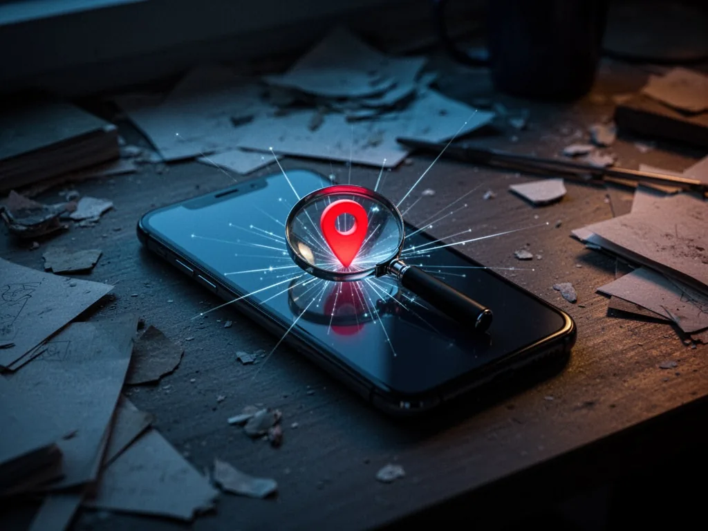 A smartphone lying face-up on a messy desk, its screen showing a magnifying glass over a bright red location pin, thin g