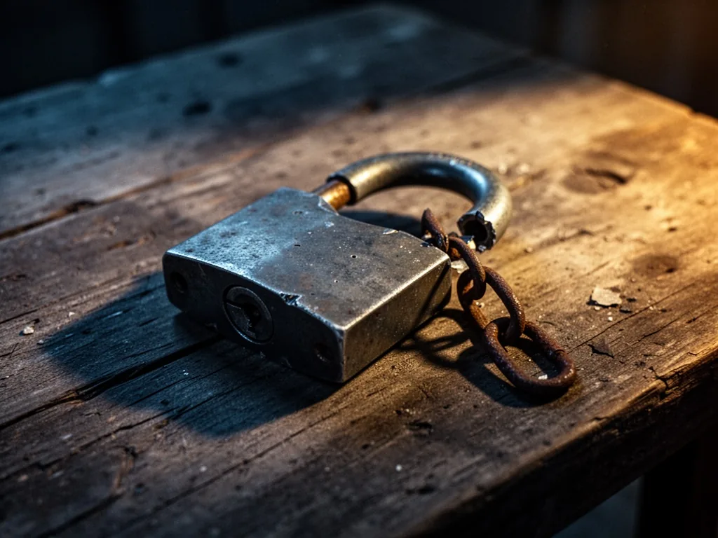 A heavy metal padlock with a broken shackle, one rusted chain link dangling, resting on a weathered wooden table, soft a