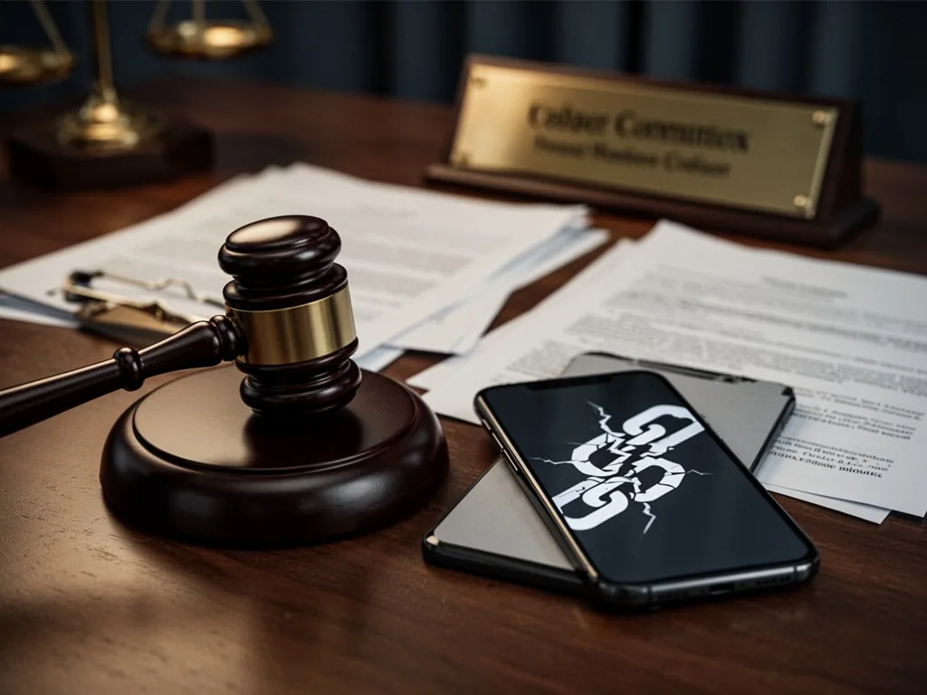 A judicial gavel rests on a wooden desk beside a smartphone displaying a broken chain icon, blurred legal documents and