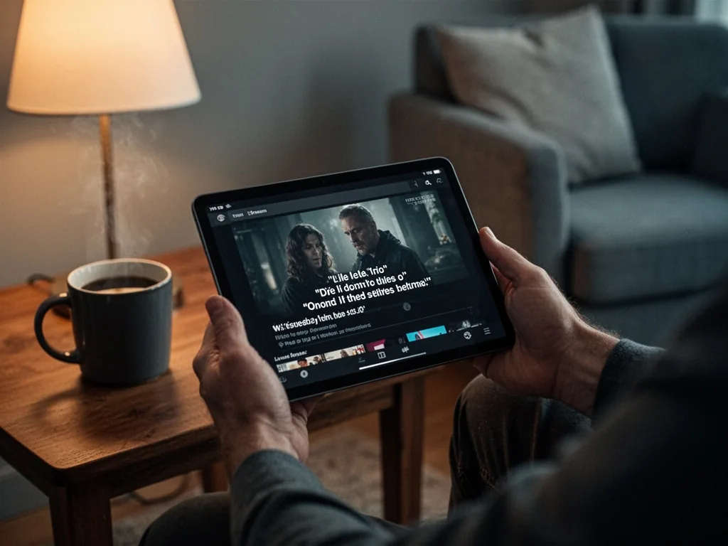 A pair of hands holding a tablet showing a streaming interface with subtitles, a steaming coffee mug on a wooden side ta