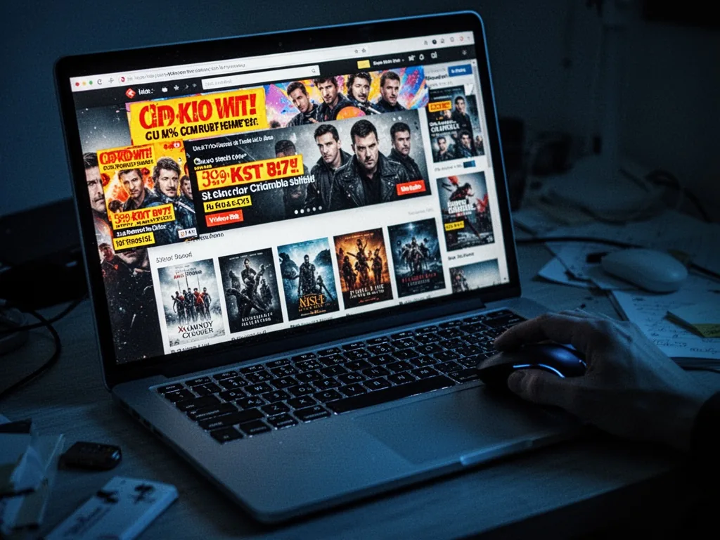 A laptop screen displaying a cluttered streaming website interface with bright banner ads and video ads overlapping movi