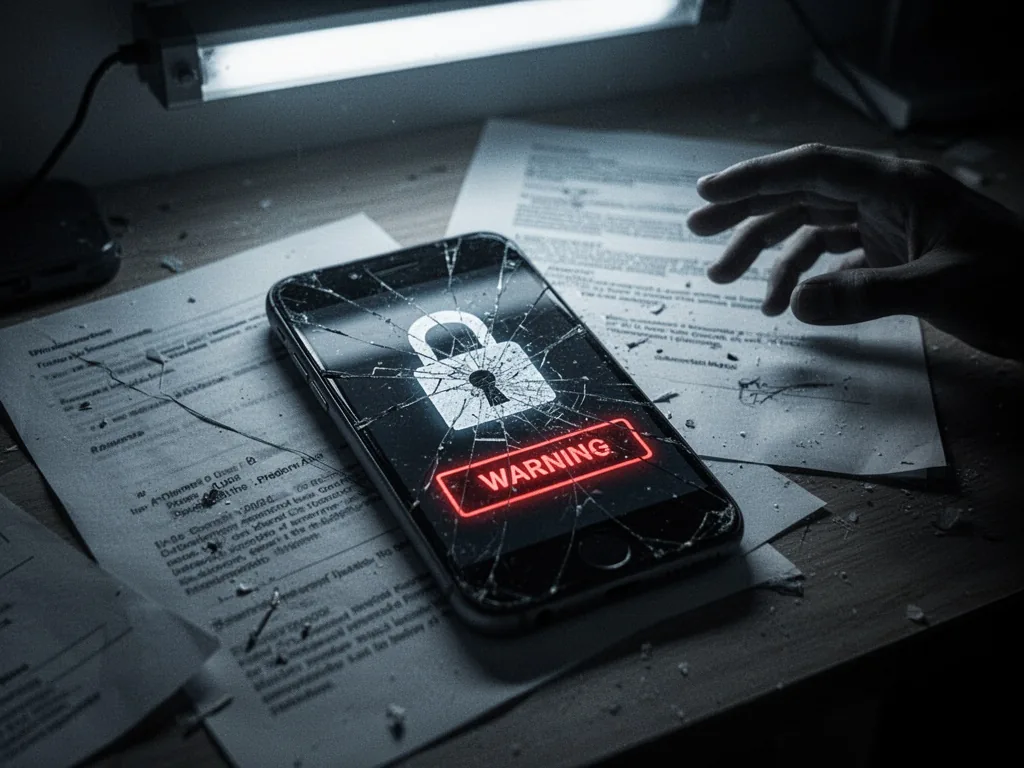 A cracked smartphone lying on a wooden desk showing a broken padlock icon and a red warning message, blurred legal docum