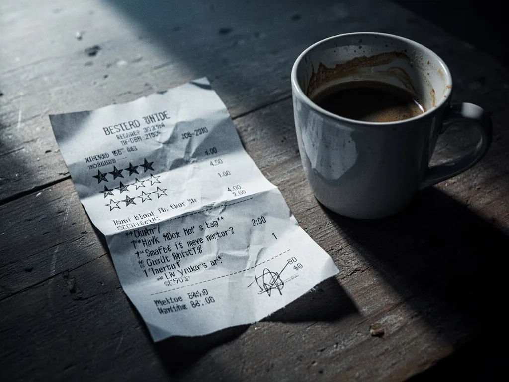 A crumpled paper receipt with handwritten star ratings and user comments, torn edges, placed next to a half-empty coffee