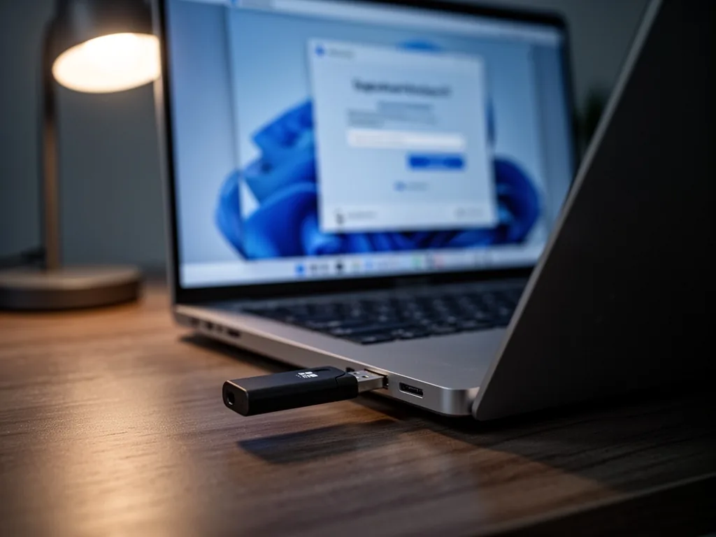 A black USB flash drive being inserted into the side port of a silver laptop, a blurred computer screen in background sh