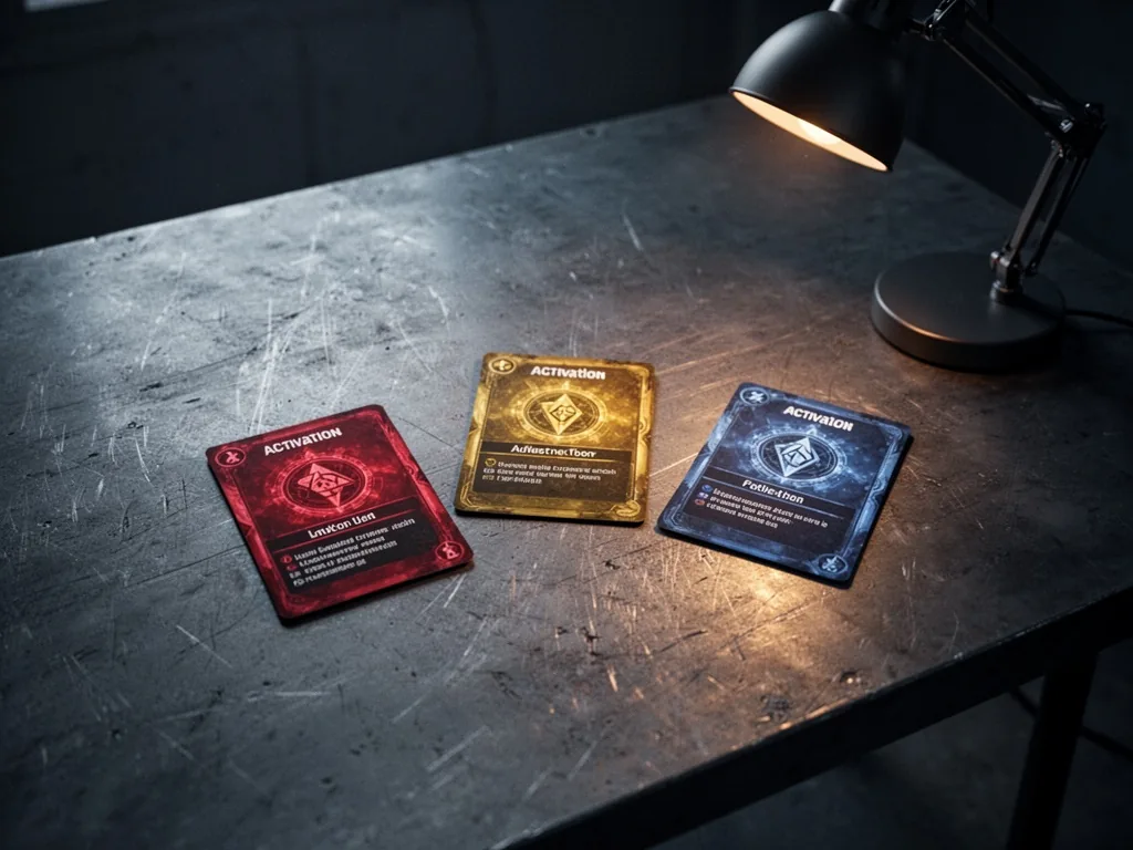 Three activation cards in red, gold, and blue spread on a scratched metal table, a single desk lamp casting long shadows