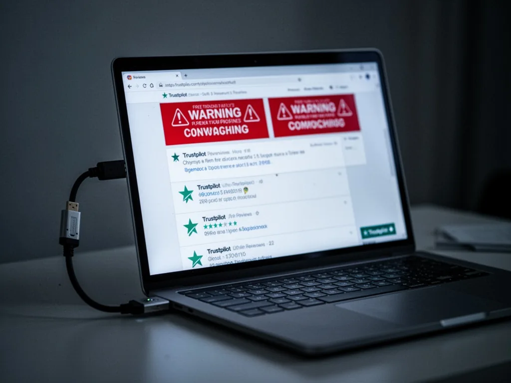 A laptop screen showing Trustpilot reviews with red warning banners, a disconnected HDMI cable dangling from the side, d