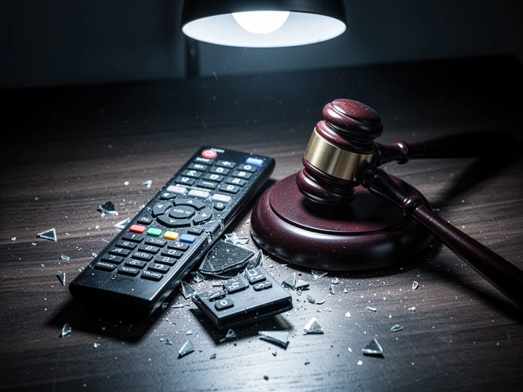 A broken TV remote next to a legal gavel on a dark wooden surface, harsh overhead spotlight creating sharp contrast, col