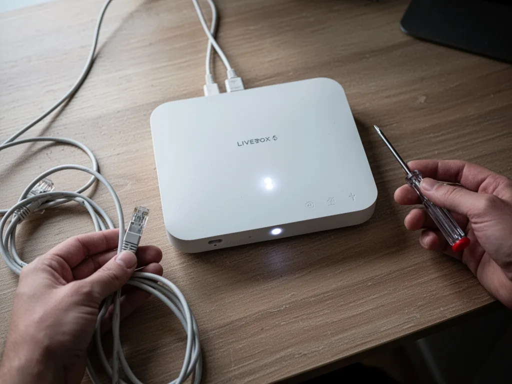 A white Livebox 5 router with a blinking white LED on a wooden desk, a hand holding an Ethernet cable and a small screwd