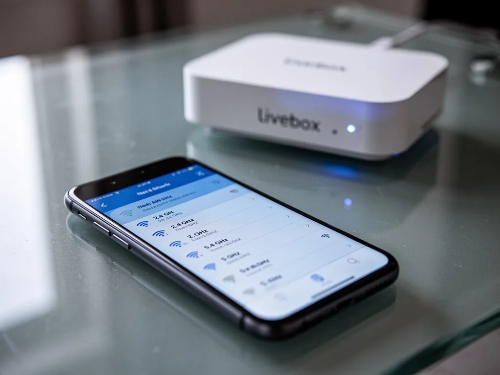 A smartphone lying on a glass table, screen displaying Wi-Fi network list with 2