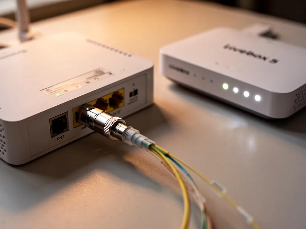 Close-up of a fiber optic cable with a silver connector plugged into a white ONT box, a nearby Livebox 5 with white blin