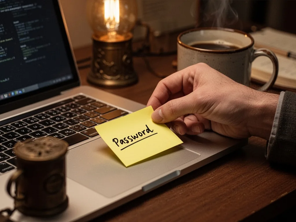 A hand placing a yellow sticky note with a handwritten password onto a laptop touchpad, coffee mug nearby, warm incandes