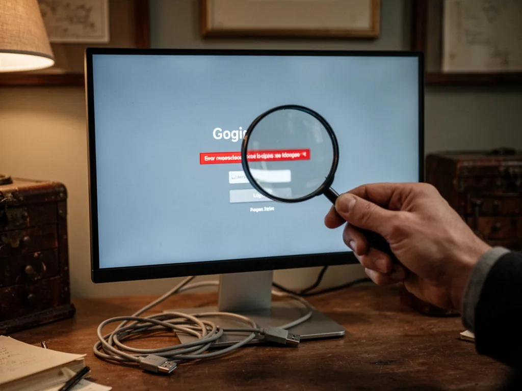 A desktop monitor showing a frozen login screen with a red error message, a hand holding a magnifying glass over the dis