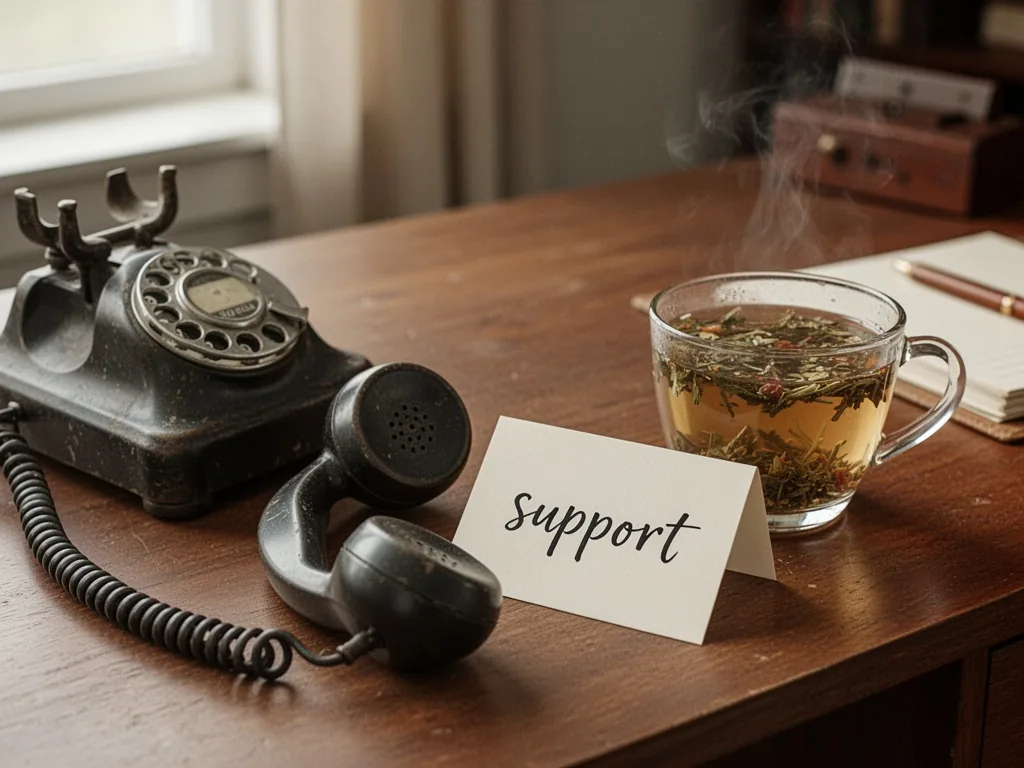 A vintage rotary phone receiver off the hook on a wooden desk, a handwritten card reading 'support' propped against a cu