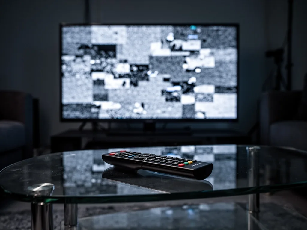 A television screen showing blurred static and fragmented pixels, a remote control placed sideways on a glass coffee tab