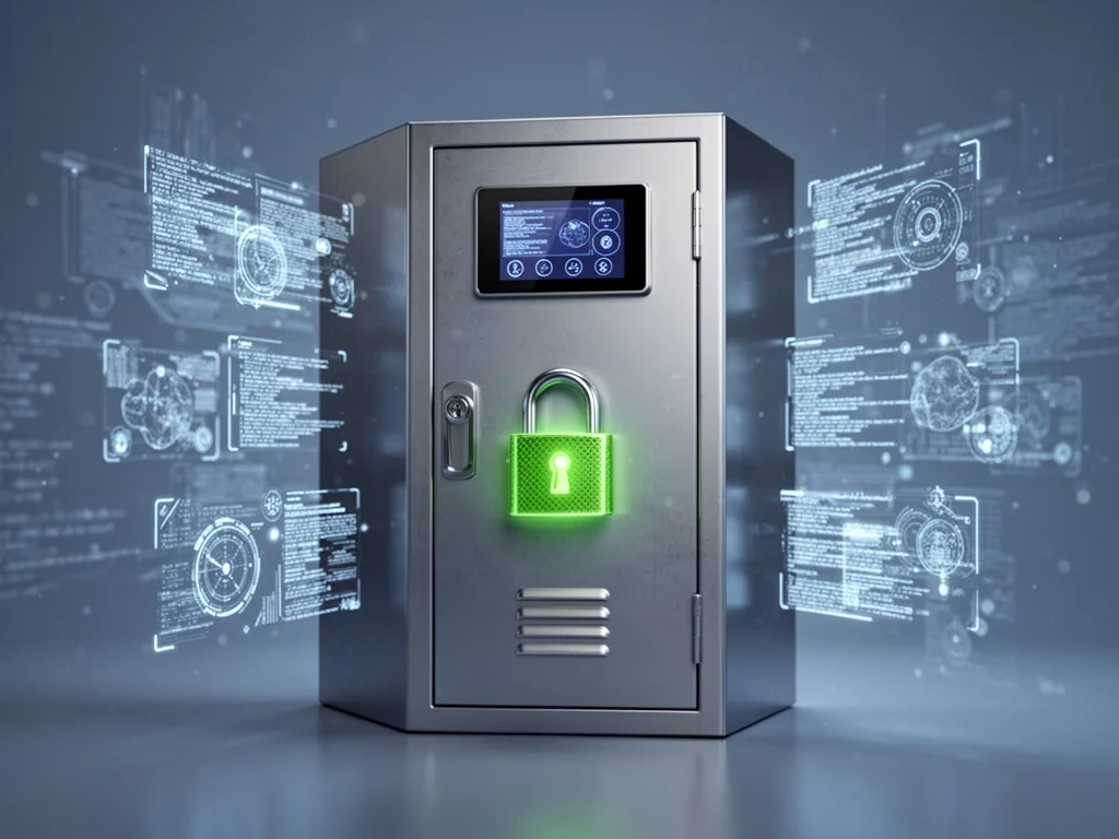 A sleek digital locker with a glowing green padlock, surrounded by floating data streams in soft blue light, clean metal