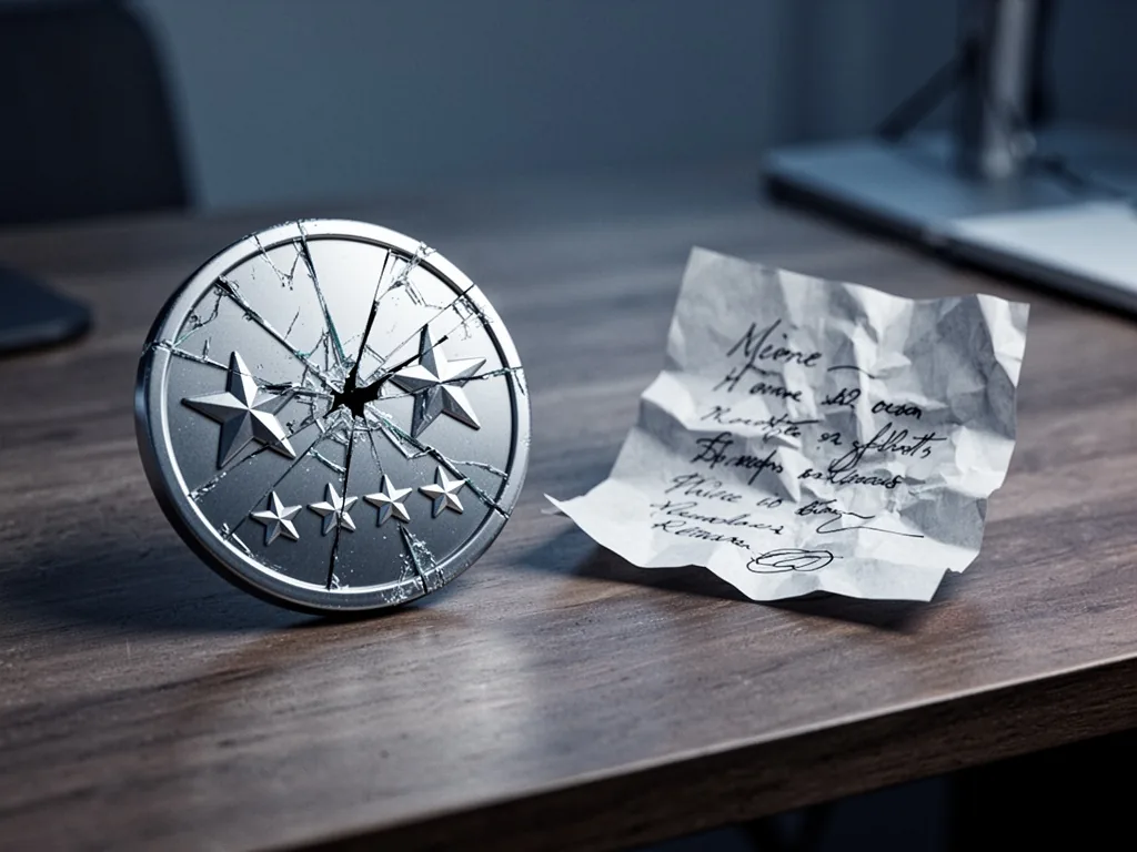 A cracked five-star rating badge on a wooden desk, beside a crumpled paper note with scribbled handwriting, shallow dept