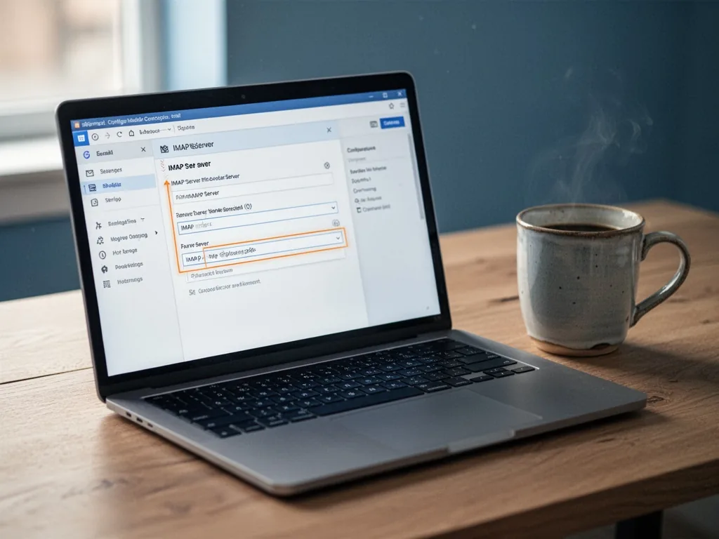 A laptop screen displaying an email client configuration menu with IMAP server settings highlighted, on a wooden desk be