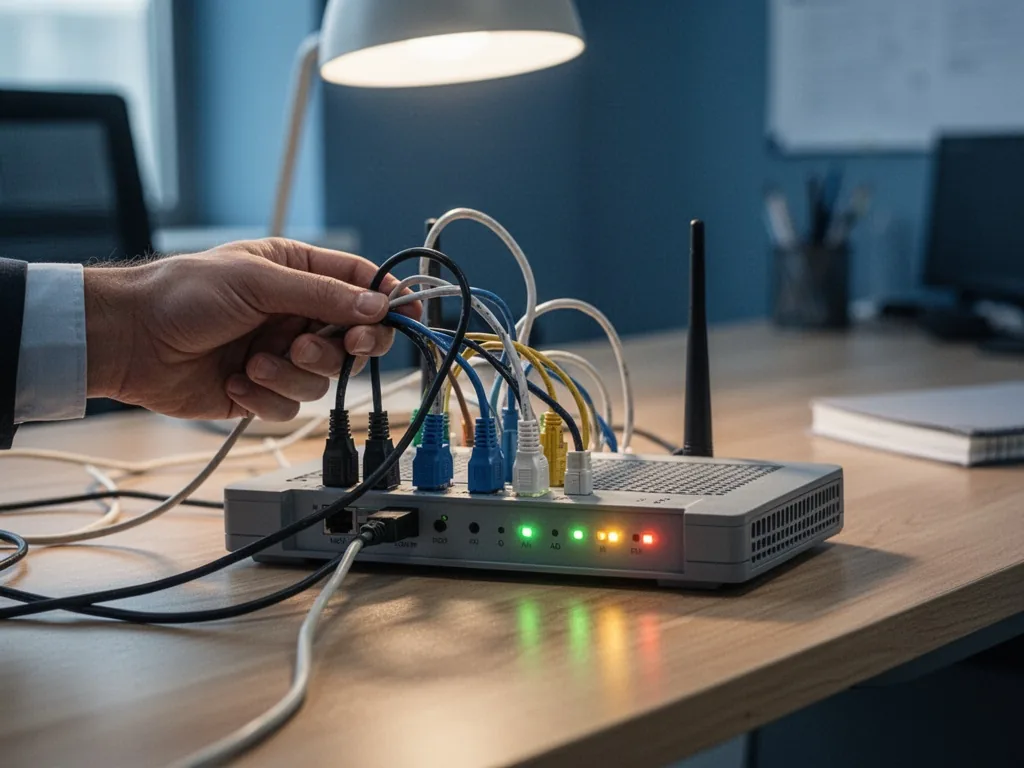 A hand untangling a network cable near a router with steady green and blinking amber LEDs, on a clean wooden desk, soft