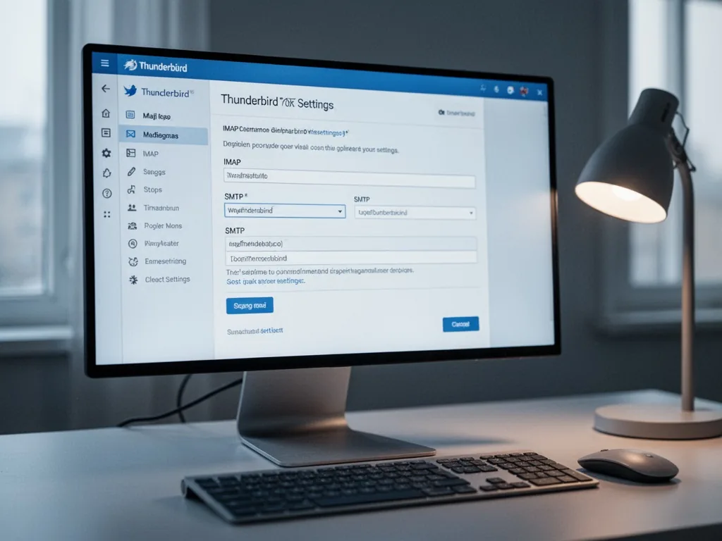 A computer monitor displaying Thunderbird email settings panel with IMAP and SMTP fields filled, keyboard in foreground,