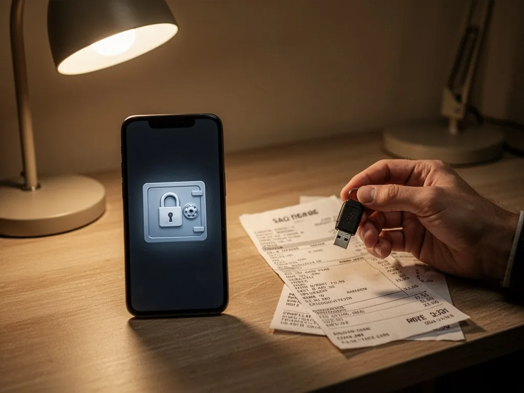 A locked digital safe icon glowing faintly on a smartphone screen, a hand holding a USB key and a paper pay stub on a wo