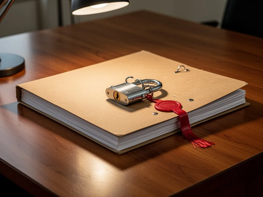 A thick manila folder with a heavy steel padlock and a red security seal, resting on a polished wooden desk, soft overhe