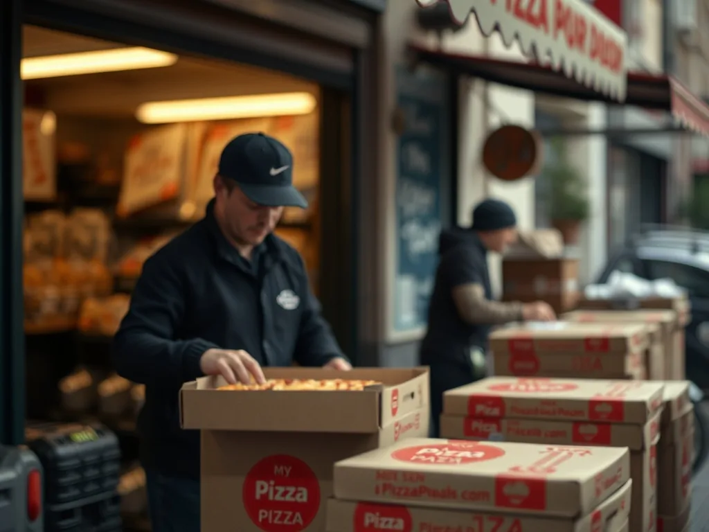 Distributeur automatique de pizza Mypizzadoor dans une rue, écran tactile et four intégré