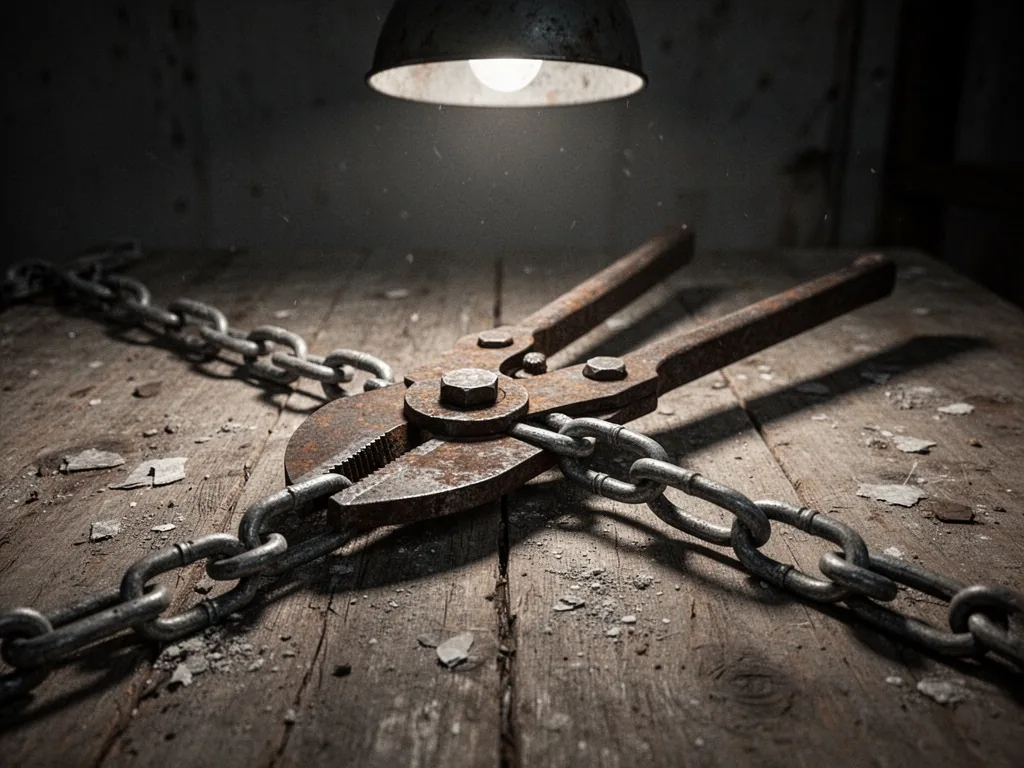 A rusty bolt cutter blade pressed against a metal chain link on a dusty wooden table, under a single dim overhead light