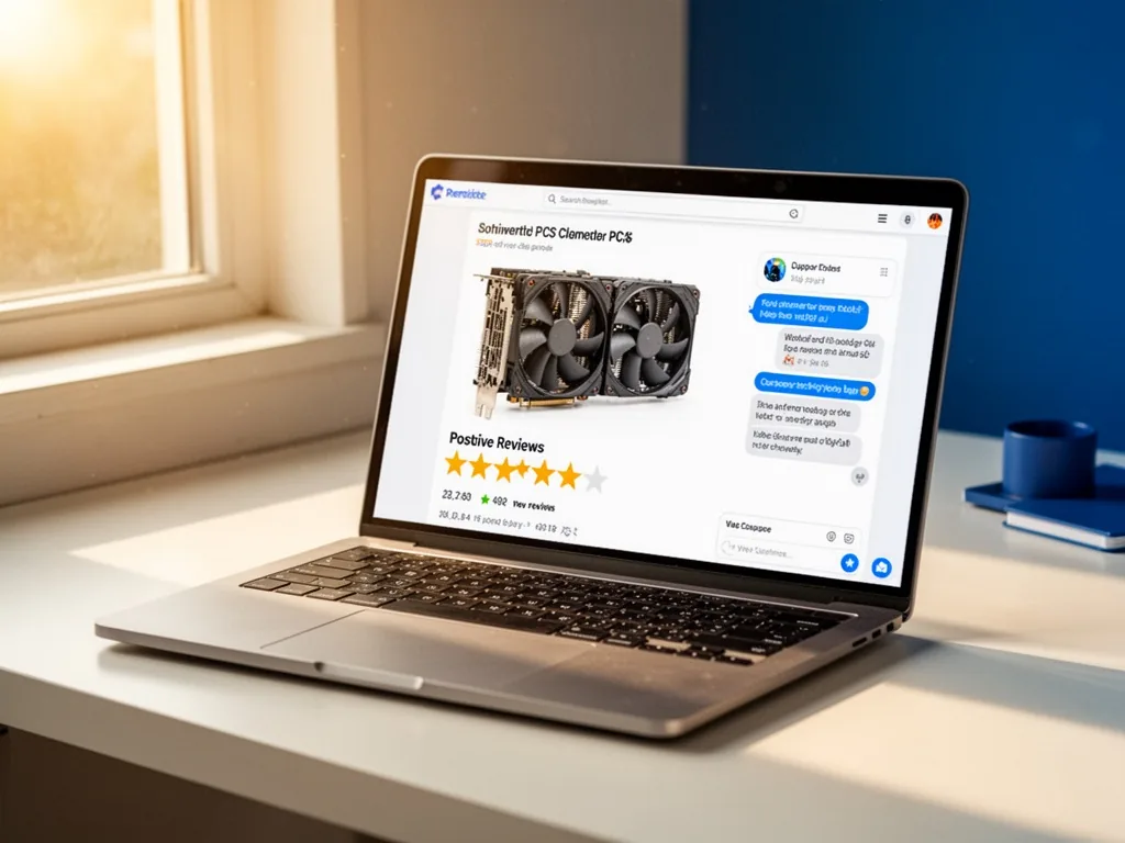 A laptop open on a clean desk, screen showing a PC component product page with positive review stars and a customer supp