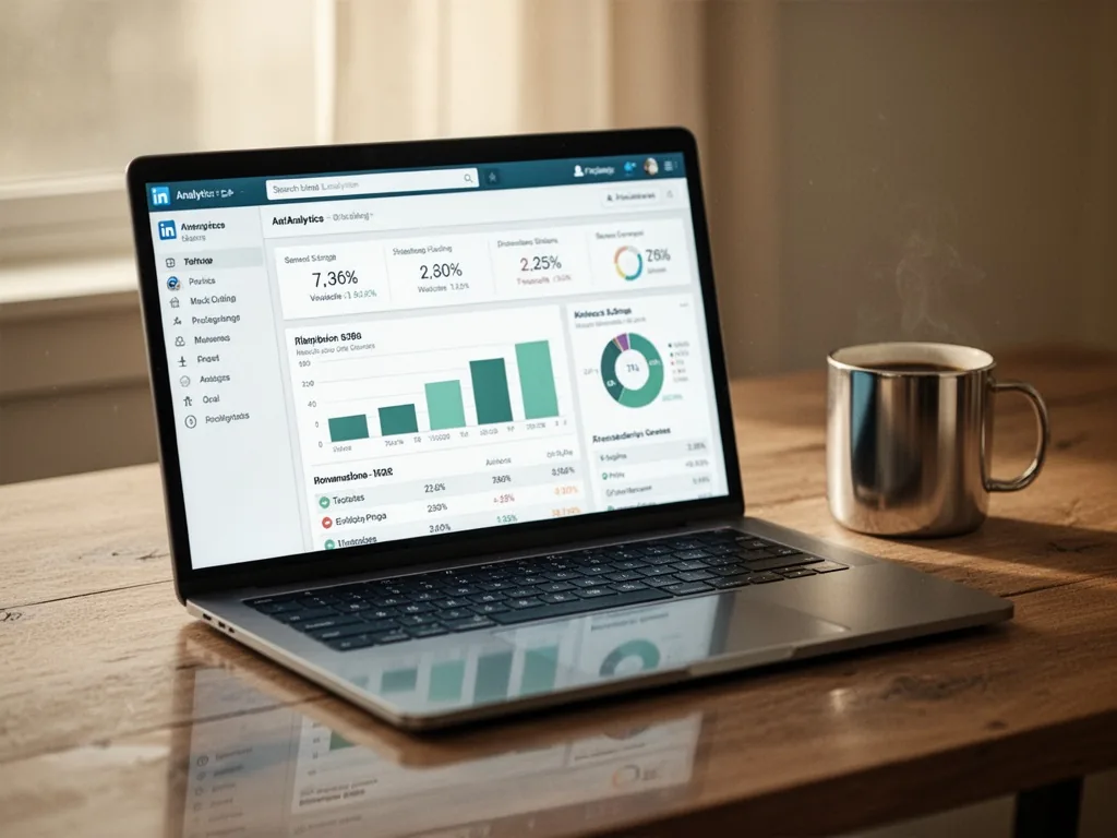 A sleek laptop screen showing LinkedIn analytics dashboard with bar charts and metrics, reflected on a wooden desk, soft