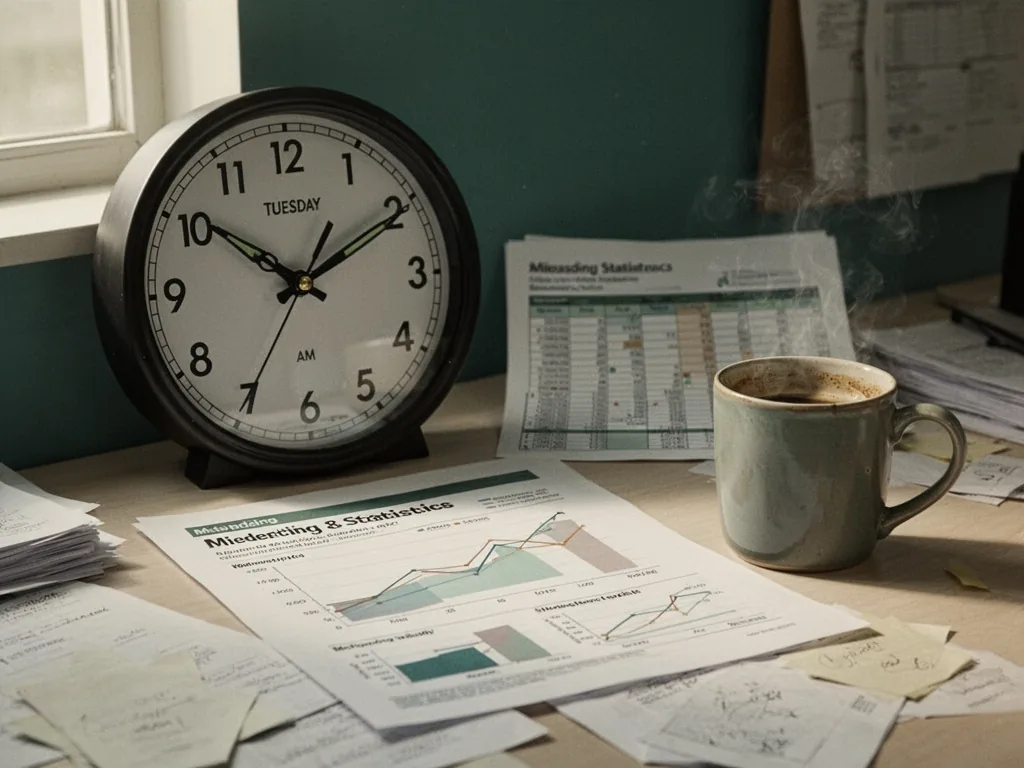 An office clock showing 10 AM on a Tuesday, with a printed spreadsheet showing misleading statistical graphs, on a clutt