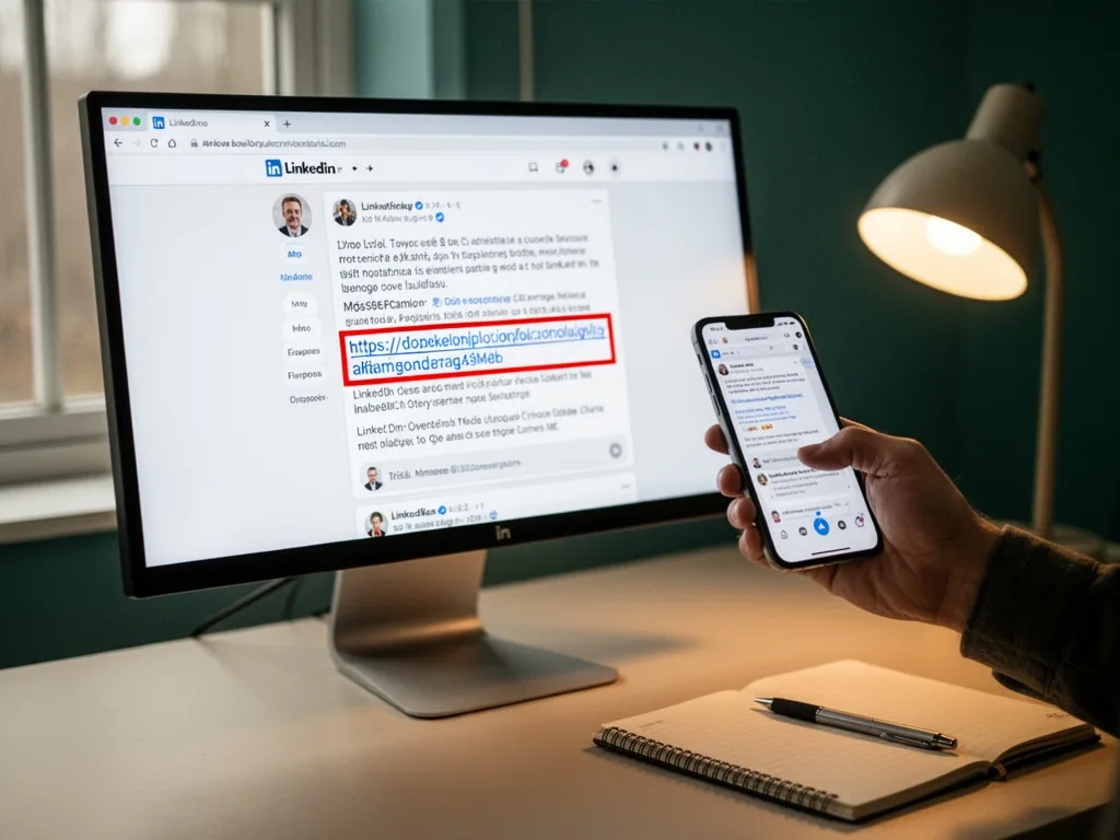 A computer monitor displaying a LinkedIn post with a highlighted URL link, a hand holding a smartphone capturing the scr
