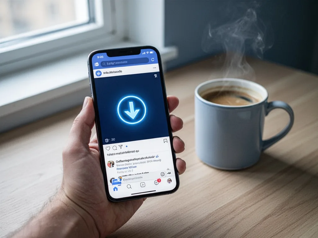 A smartphone held in a steady hand, screen showing a Facebook video with a download arrow icon glowing blue, soft window