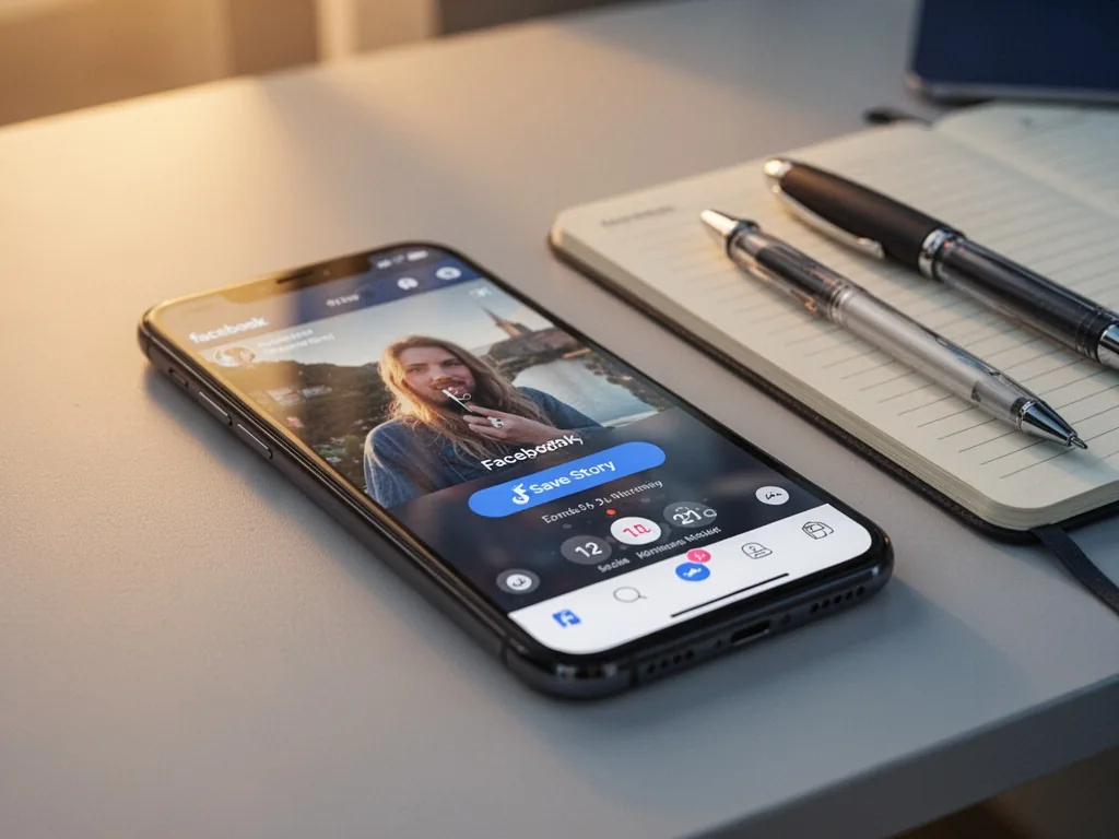 A smartphone resting on a table, screen displaying a Facebook story with a 'Save Story' button and a countdown timer, wa