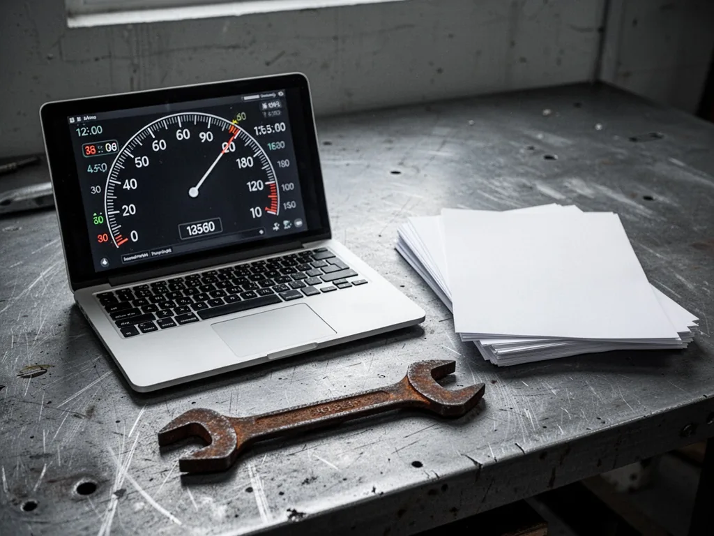 A laptop showing a digital score gauge beside a rusted wrench and a stack of blank paper, on a scratched metal workbench