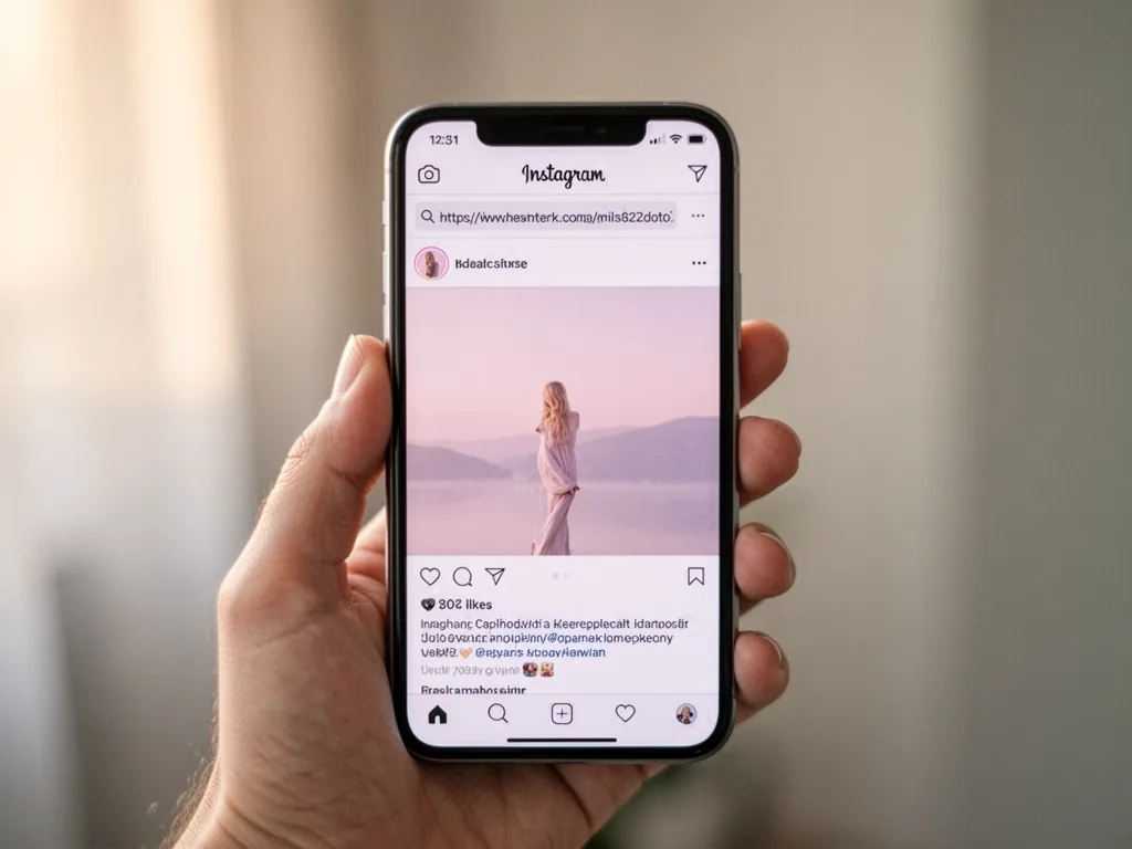 A smartphone screen showing an Instagram post with a long URL in the browser address bar, held by a hand with blurred ba