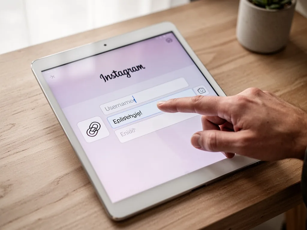 A hand tapping the username field on an Instagram edit profile screen, a chain link icon beside it, on a wooden desk, so