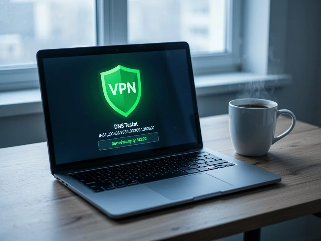 A laptop screen displaying a green VPN shield icon and a DNS test result, beside a coffee mug, on a wooden desk, morning